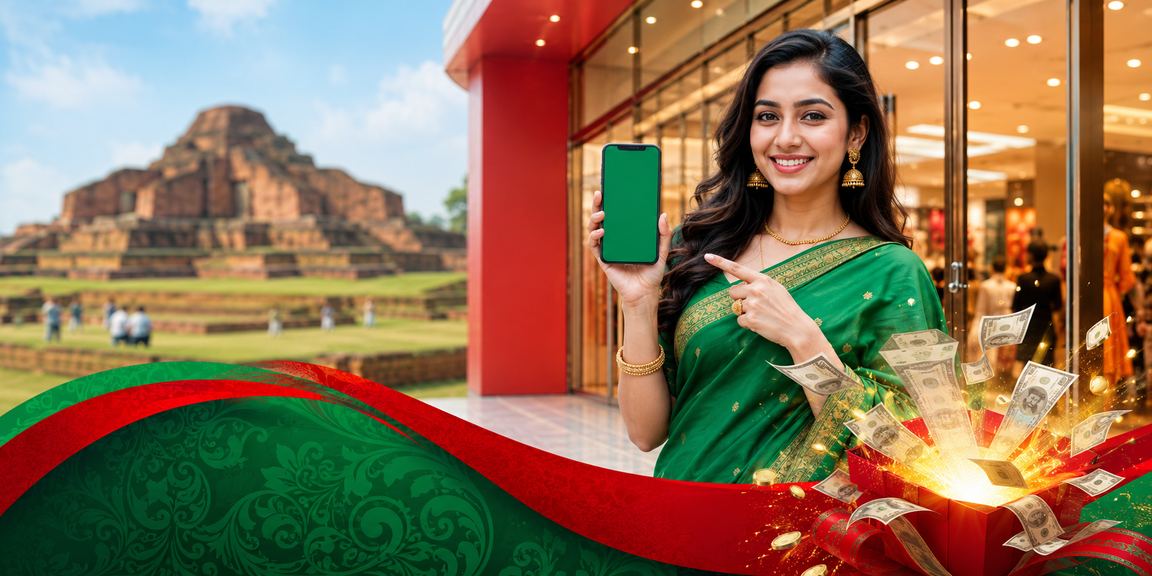 বাংলাদেশি শাড়ি পরিহিত নারী ক্যাশব্যাক বোনাস অফার দেখছেন